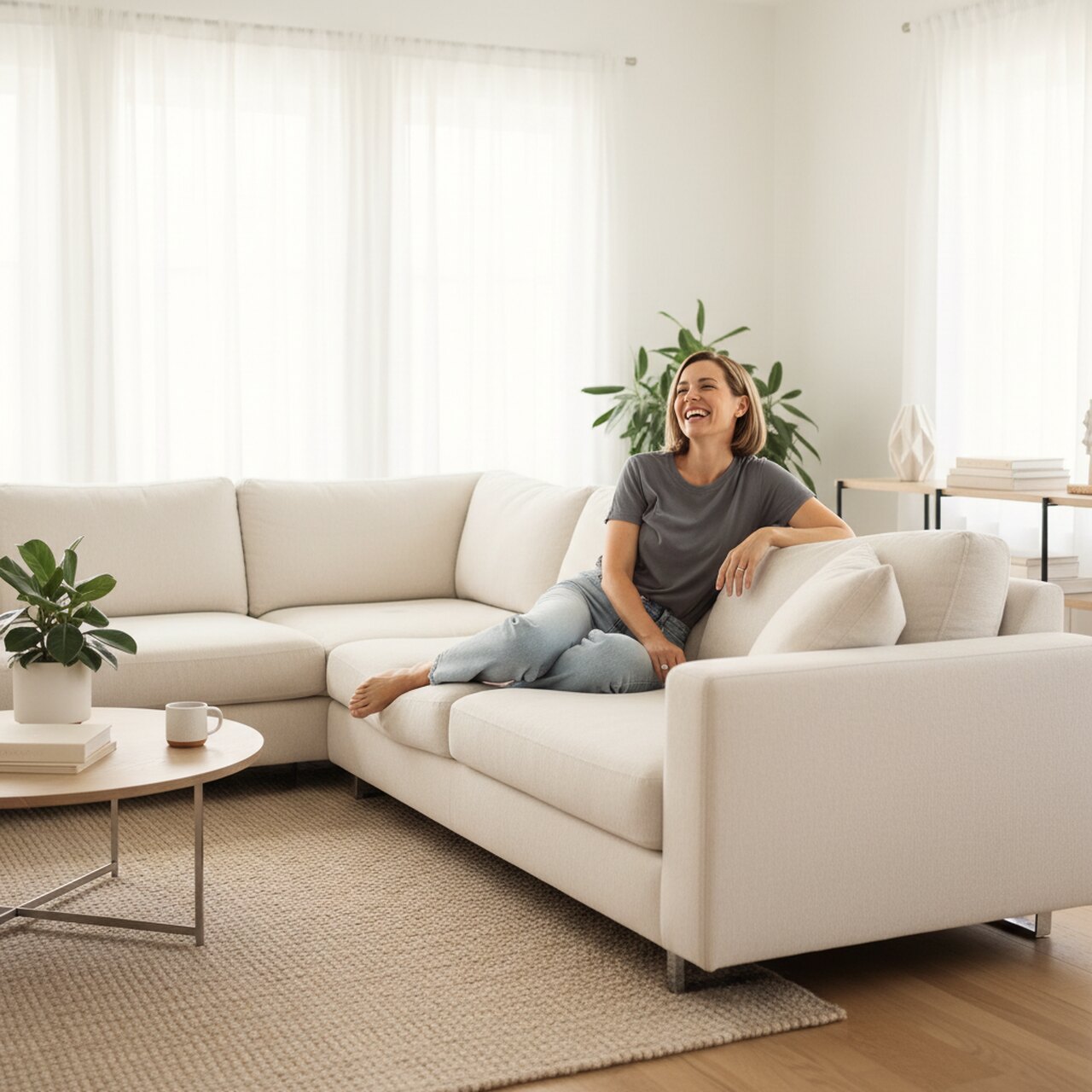 Zadowolona klientka na czystej kanapie